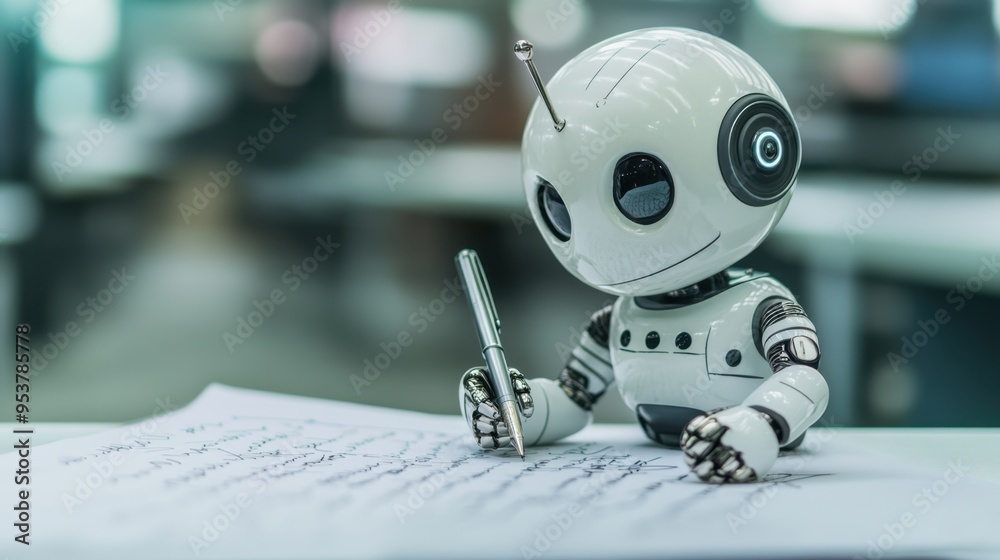 Fototapeta premium ChatGPT bot depicted writing answers with a pen on paper, merging AI and traditional writing. Clean background with copy text space.