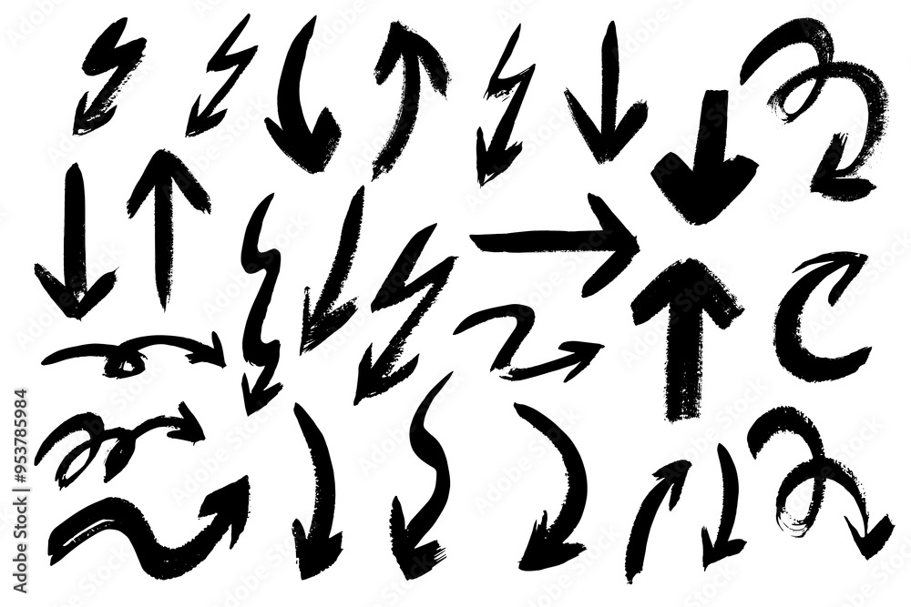 Group of chalked arrows and frames. Hand drawn black charcoal symbols for hand drawn diagrams. Vector doodle marker drawing. Freehand different curved arrows, swirls, cross Group of chalked arrows and frames. Hand drawn black charcoal symbols for hand drawn diagrams. Vector doodle marker drawing. Freehand different curved arrows, swirls, cross