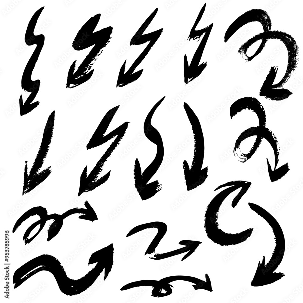 Group of chalked arrows and frames. Hand drawn black charcoal symbols for hand drawn diagrams. Vector doodle marker drawing. Freehand different curved arrows, swirls, cross Group of chalked arrows and frames. Hand drawn black charcoal symbols for hand drawn diagrams. Vector doodle marker drawing. Freehand different curved arrows, swirls, cross