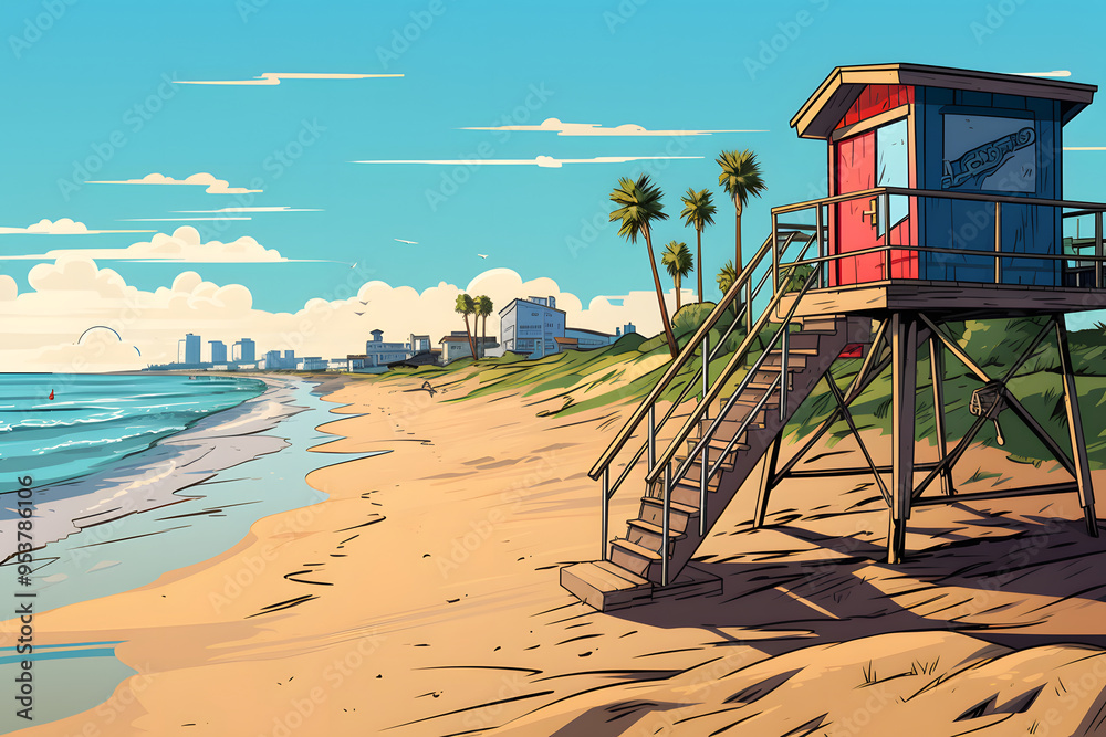 Obraz premium illustrated pop art style beach, beach illustration, illustrated beach