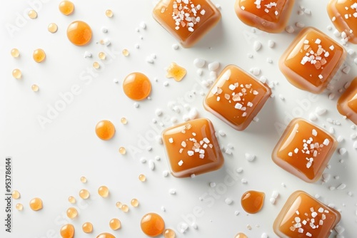 Delicious candies with caramel sauce and salt on white background photo