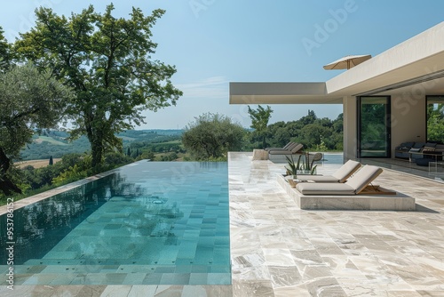 Modern swimming pool with elegant lounge chair, white concrete structure, light marble tiles, and minimalist garden with clear blue sky.