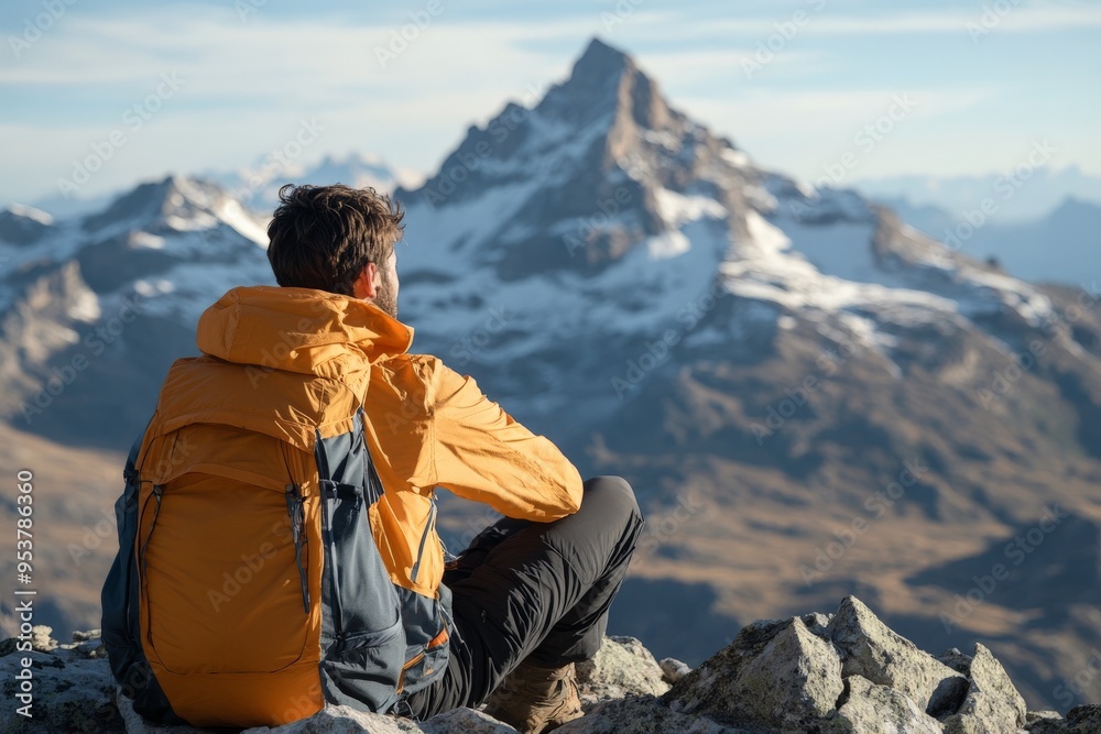 A hiker dressed in an orange jacket sits on a rocky ledge admiring a breathtaking mountain view with snow-capped peaks illuminated by the soft glow of sunrise. A hiker dressed in an orange jacket sits on a rocky ledge admiring a breathtaking mountain view with snow-capped peaks illuminated by the soft glow of sunrise.