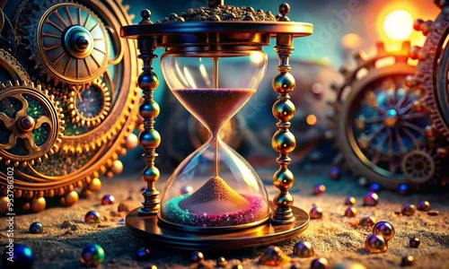 Vintage hourglass with golden gears against magical sparkling background
