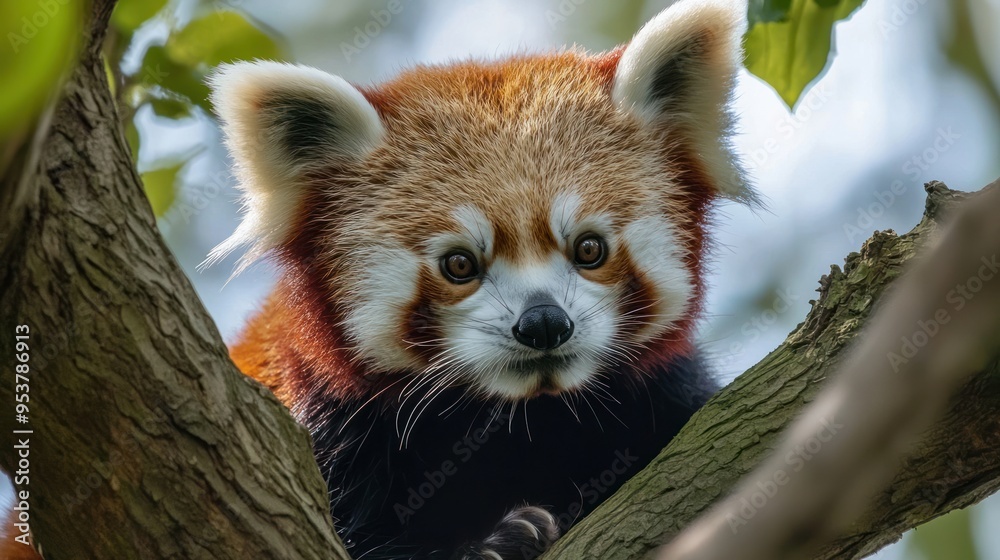 A close-up of a red panda in Chester Zoo, climbing through the trees of its habitat. A close-up of a red panda in Chester Zoo, climbing through the trees of its habitat.