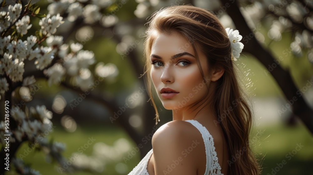 Exquisite woman with perfect skin near flowering tree Exquisite woman with perfect skin near flowering tree