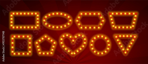 Vibrant Retro Style Frames With Glowing Light Bulbs Displayed On A Rich Red Background Creating Nostalgic Visual