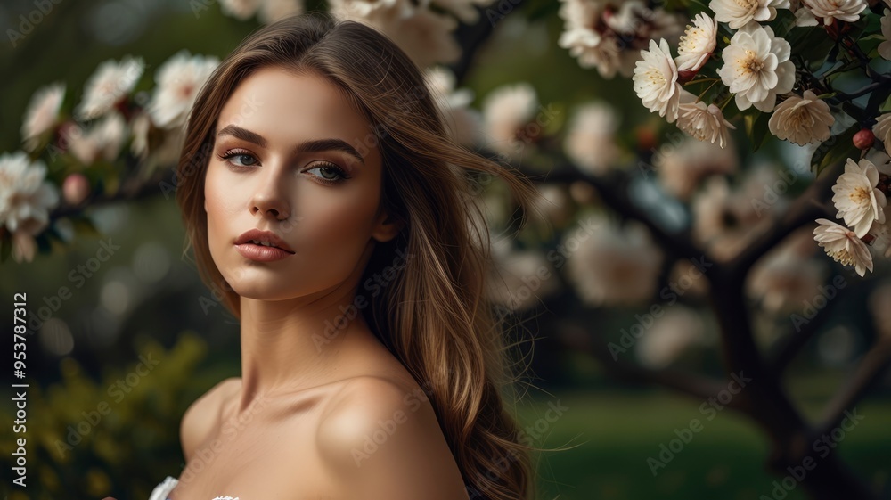 Exquisite woman with perfect skin near flowering tree Exquisite woman with perfect skin near flowering tree