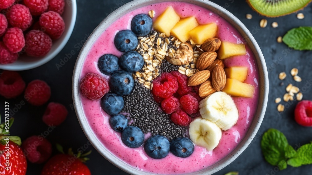 A vibrant smoothie bowl topped with fresh blueberries, raspberries, bananas, almonds, and chia seeds for a healthy breakfast.
