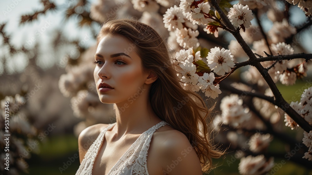Exquisite woman with perfect skin near flowering tree Exquisite woman with perfect skin near flowering tree