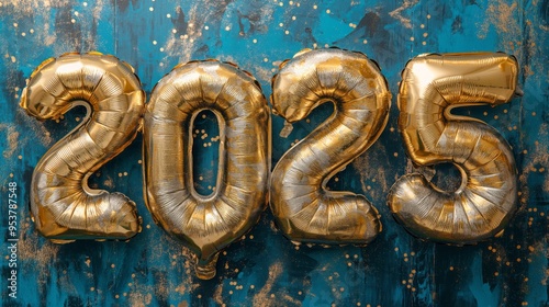 Golden balloons forming the year 2025 with confetti on a blue background.