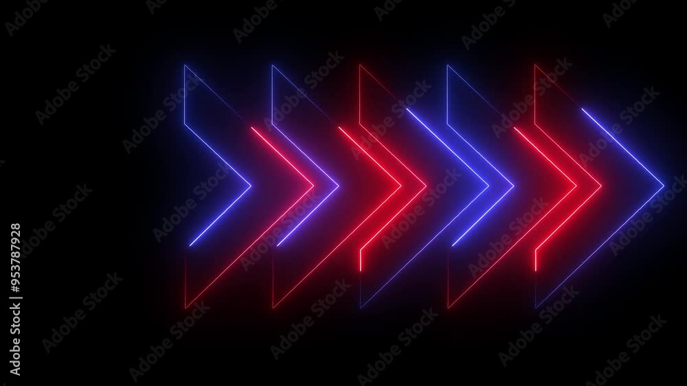 Neon glowing red blue color chevron right arrow icon on black background animation Neon glowing red blue color chevron right arrow icon on black background animation