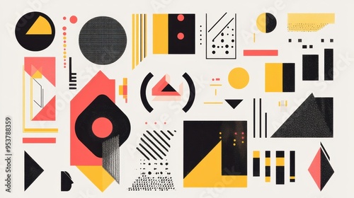 A vector set collection of geometric shapes and abstract designs, ideal for use in modern graphic design projects. The elements are crisp and versatile.