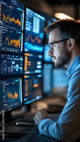 Businessman Analyzing Stock Market Data on Multiple Monitors