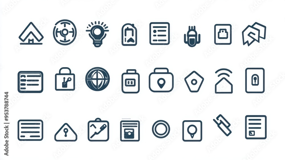 A vector set featuring a collection of minimalist icons, ideal for web and mobile applications. Clean lines and modern design elements are showcased. A vector set featuring a collection of minimalist icons, ideal for web and mobile applications. Clean lines and modern design elements are showcased.