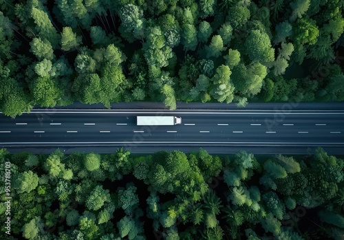 Aerial View of Truck on Highway Through Lush Forest