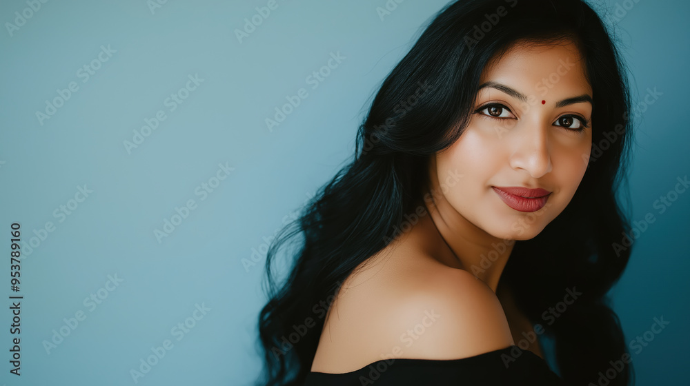 Portrait of a Confident Indian Woman with Long Dark Hair and a Soft Smile Against Blue Background Portrait of a Confident Indian Woman with Long Dark Hair and a Soft Smile Against Blue Background
