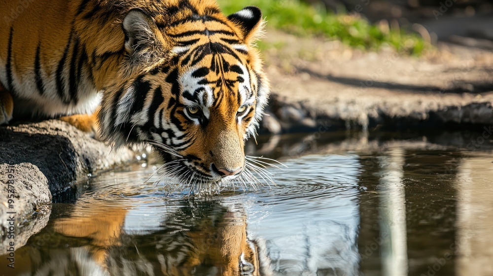 A close-up of a tiger drinking from a water source in its zoo, with its reflection visible. A close-up of a tiger drinking from a water source in its zoo, with its reflection visible.