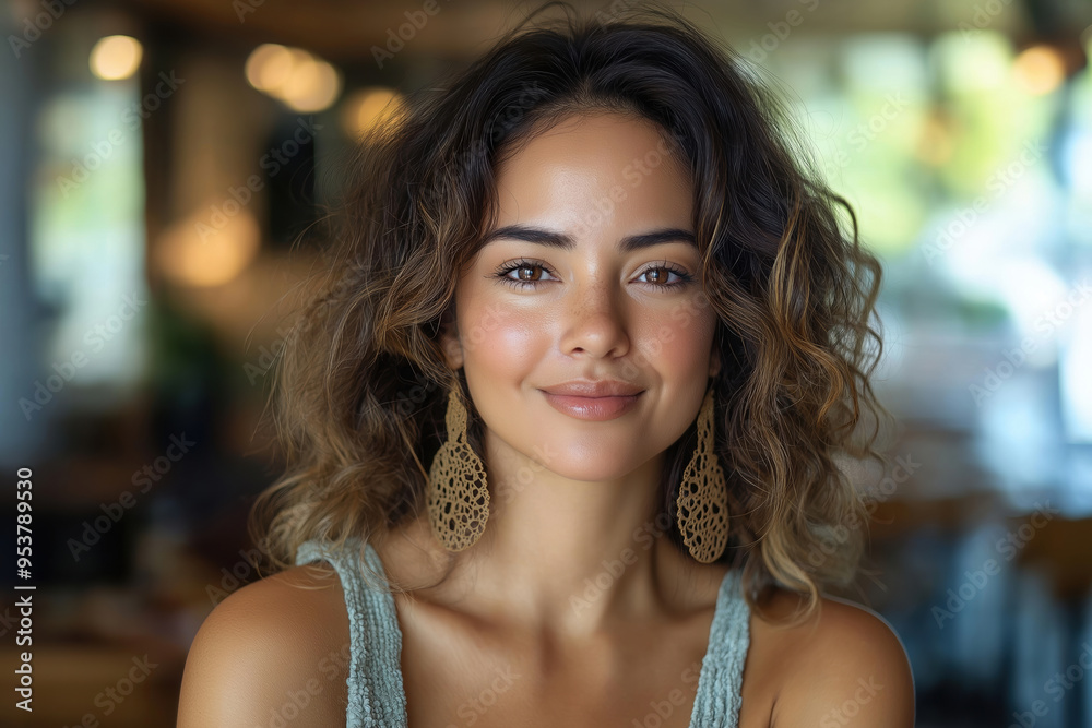 Smiling Woman with Curly Hair and Earrings in a Cozy Cafe Setting Smiling Woman with Curly Hair and Earrings in a Cozy Cafe Setting