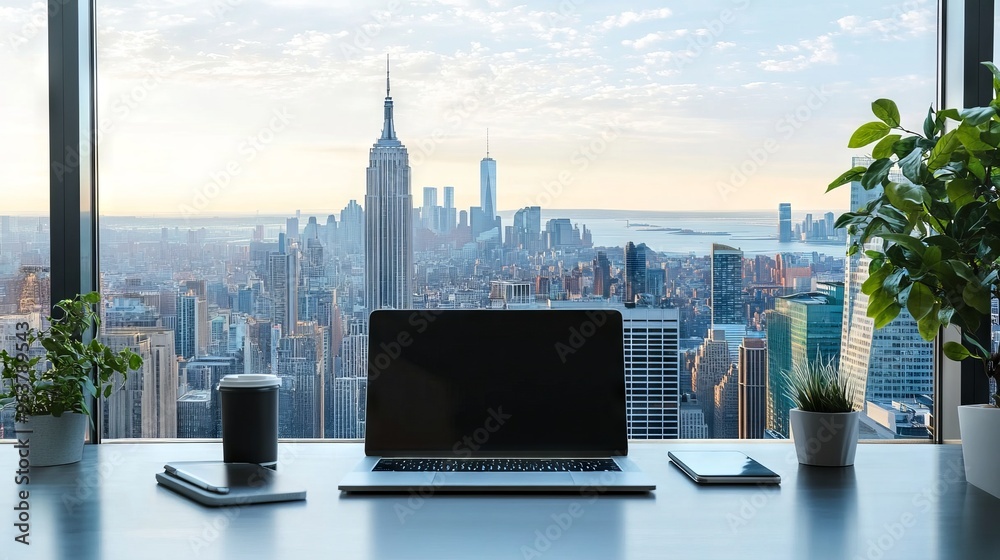 modern workspace with a laptop and large window view of a city skyline modern workspace with a laptop and large window view of a city skyline