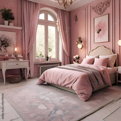 Modern and beautiful interior of a comfortable   bedroom in pink theme.