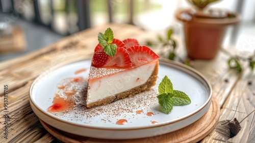 Strawberry Cheesecake Slice on Rustic Wooden Table with Mint Garnish 