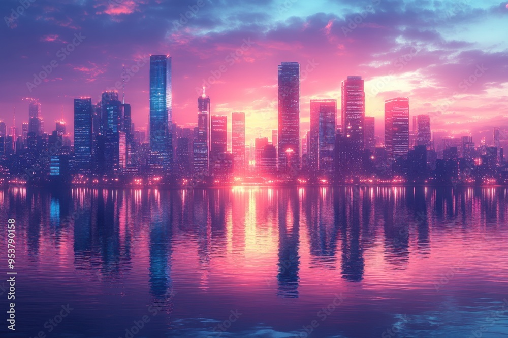 Stunning Modern City Skyline at Sunset with Vibrant Colors Reflecting on Calm Water Stunning Modern City Skyline at Sunset with Vibrant Colors Reflecting on Calm Water