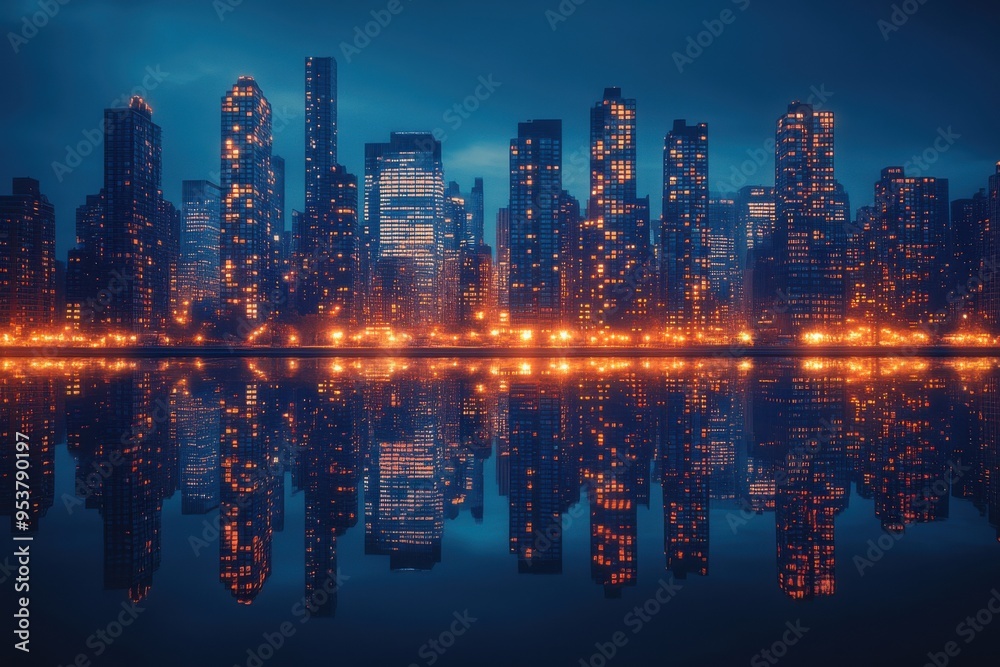 Fototapeta premium Stunning Nighttime Cityscape with Illuminated Skyscrapers Reflecting on Calm Water