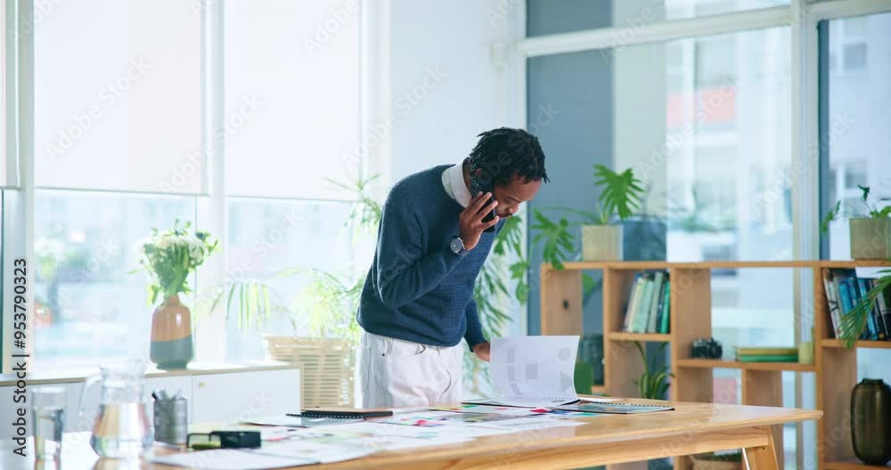 Office, creative agency and black man with phone call for conversation, negotiation and networking. Contact, employee or interior designer with mobile for discussion, planning and check meeting date Office, creative agency and black man with phone call for conversation, negotiation and networking. Contact, employee or interior designer with mobile for discussion, planning and check meeting date