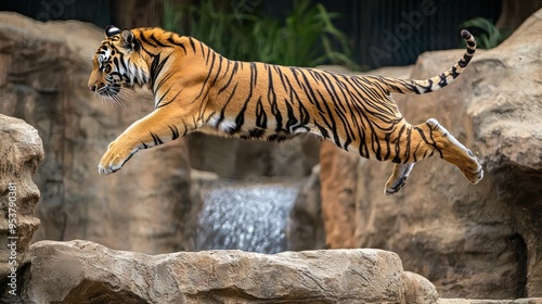 A tiger leaping across rocks in its zoo enclosure, displaying its agility and power.