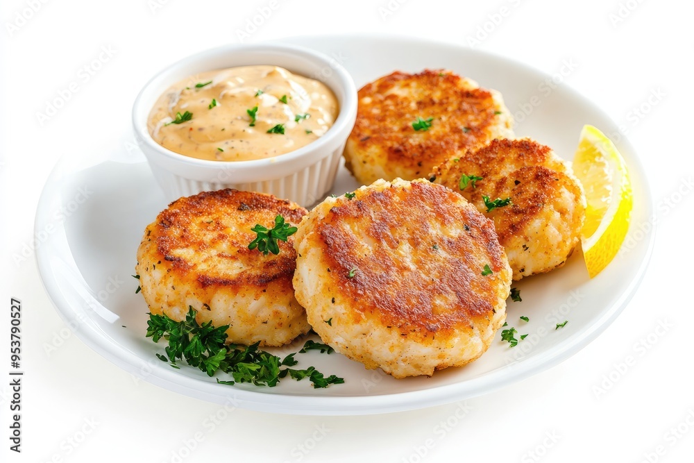 Fried Fish Cakes with Lemon Wedge, Parsley, and Sauce Fried Fish Cakes with Lemon Wedge, Parsley, and Sauce