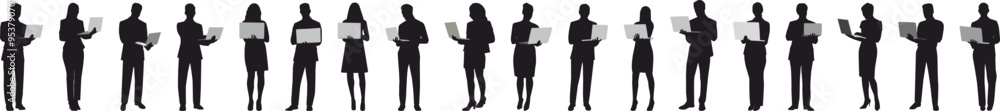business people group standing and working at laptop vector silhouette set. business people group standing and working at laptop vector silhouette set.