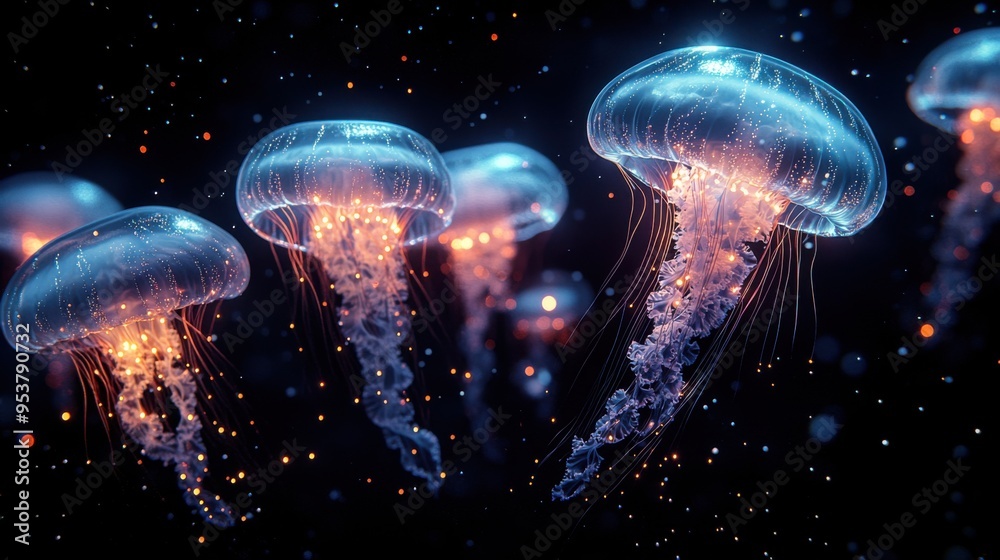 Ethereal Underwater Scene with Glowing Jellyfish Floating in a Dark Ocean Ethereal Underwater Scene with Glowing Jellyfish Floating in a Dark Ocean