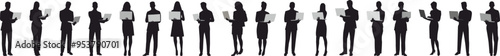 business people group standing and working at laptop vector silhouette set.