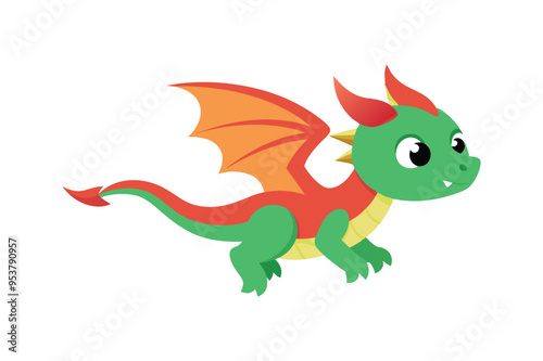 Cute cartoon baby dragon flaying vector artwork illustration