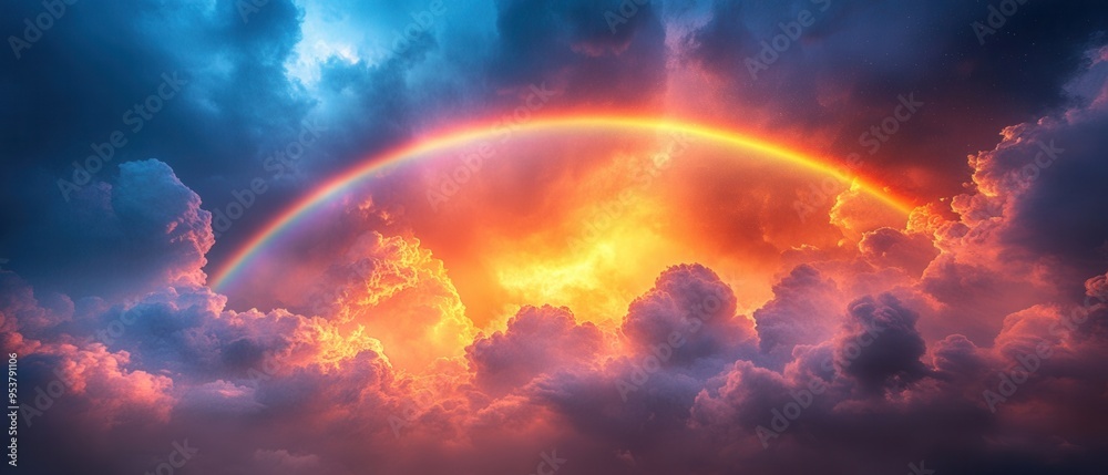 Fototapeta premium Stunning Rainbow Arcing Over Dramatic Sunset Clouds in a Vibrant Sky