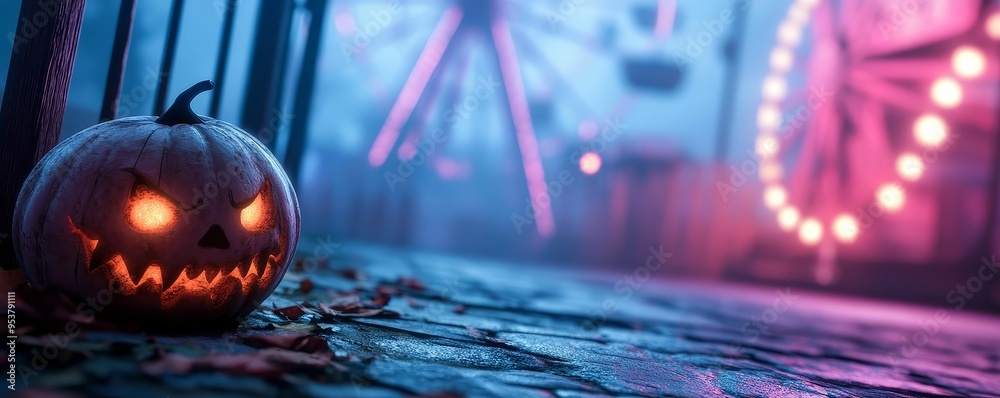Exploring a haunted VR carnival, eerie rides, and glowing virtual clowns, dark atmosphere Exploring a haunted VR carnival, eerie rides, and glowing virtual clowns, dark atmosphere