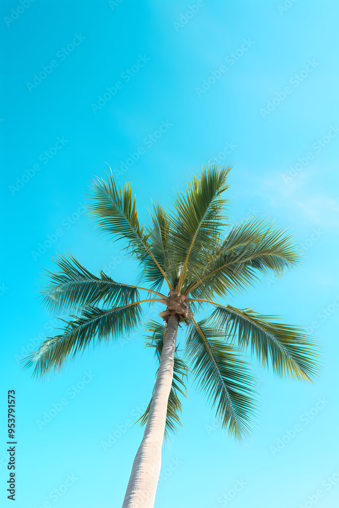 clean photo of a palmtree with blue sky background, palmtree, nature photo, beach palm tree