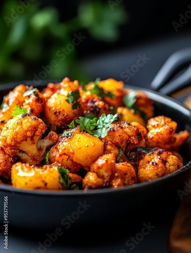 A serving of aloo gobi, spiced potato and cauliflower, vibrant and detailed, isolated on white background