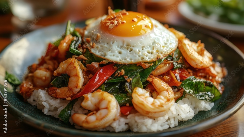 A mouthwatering close-up of spicy Thai stir-fried basil with seafood and a fried egg on rice. The vibrant colors and textures highlight the roadside restaurant vibe. A mouthwatering close-up of spicy Thai stir-fried basil with seafood and a fried egg on rice. The vibrant colors and textures highlight the roadside restaurant vibe.