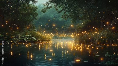Enchanting Forest River with Glowing Fireflies at Dusk Creating a Magical and Serene Atmosphere