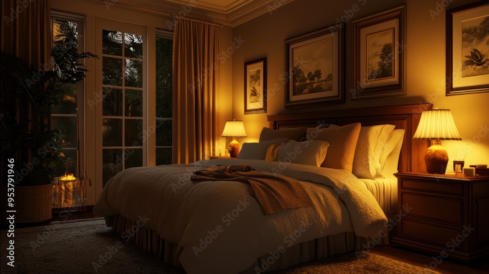 A cozy bedroom with a bed, nightstand, lamps, and artwork