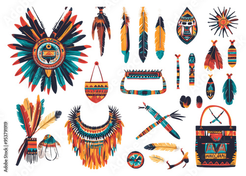 Vibrant tribal art and accessories showcased isolated on transparent background photo