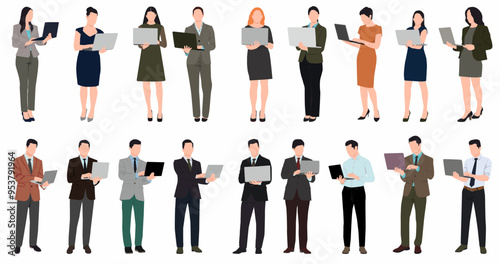 Set of young business people working at laptop. 