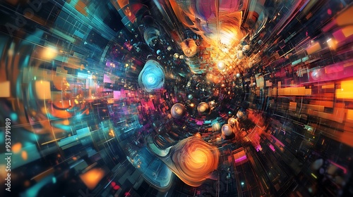 Abstract digital art of a swirling vortex of colors and lights