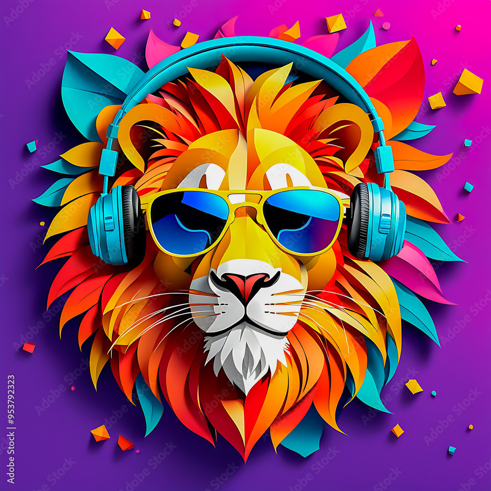 Fototapeta premium illustration of paper art lion head with headphones and sunglasses on the abstract background.