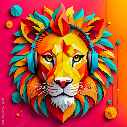 illustration of paper art lion head with headphones and sunglasses on the abstract background. photo