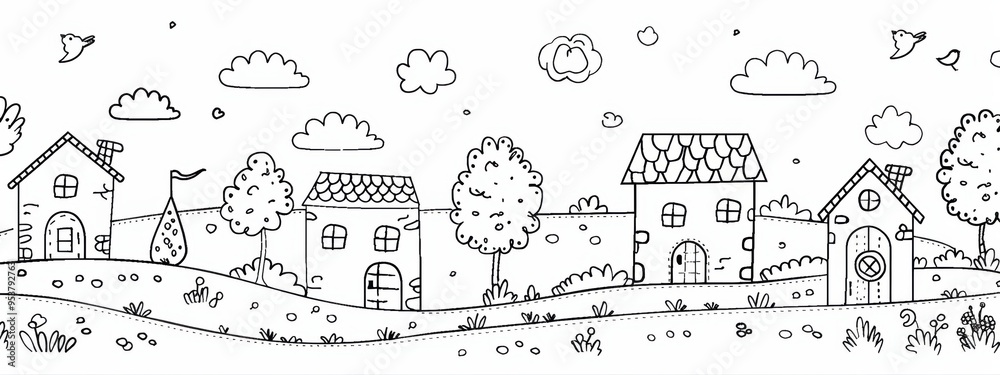 A simple black and white coloring page featuring a small village scene with a dark black illustration of a small house with simple details. A simple black and white coloring page featuring a small village scene with a dark black illustration of a small house with simple details.