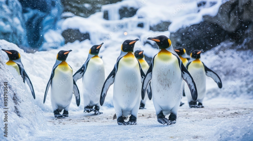 Fototapeta premium A group of penguins waddling together in their icy zoo enclosure.