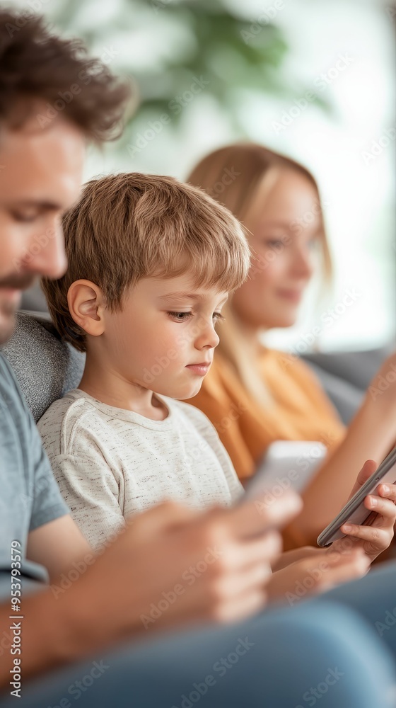 Family sitting on a couch, all using different devices but staying connected Family sitting on a couch, all using different devices but staying connected